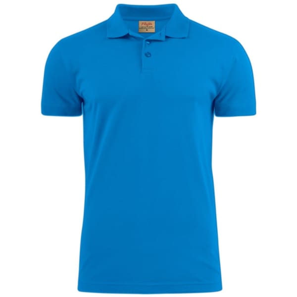 A bright blue men's cotton polo shirt featuring a collar and a logo on the chest.
