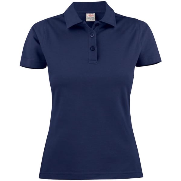 A navy women's cotton polo shirt featuring a collar and buttons, with a logo on the label.