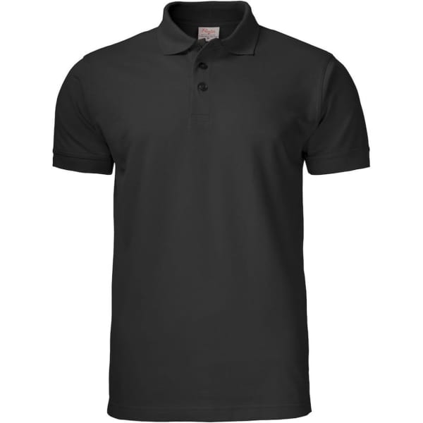 A black men's cotton polo shirt with a collar and three buttons, featuring a logo on the chest.