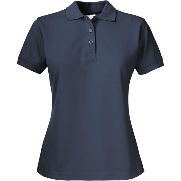 A dark navy women's cotton polo shirt featuring a classic polo collar and three-button placket.