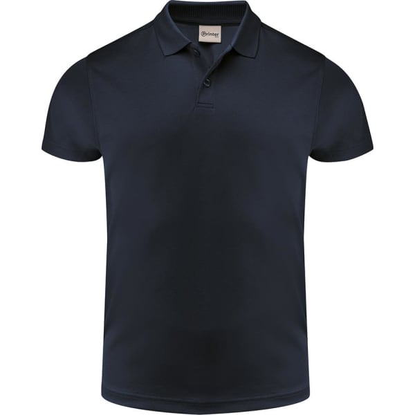 A navy blue men's polo shirt with a collar and short sleeves, featuring a branding logo.