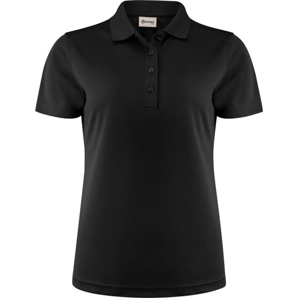 A black women's polo shirt featuring a classic collar and button placket. It has a branded logo.