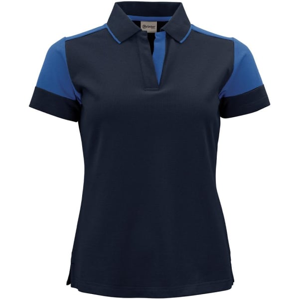 A women's polo shirt in navy with blue accents, featuring a collared neckline and a logo.