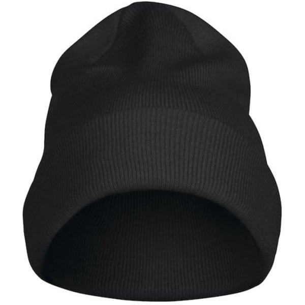 A black beanie featuring a ribbed design, showcasing a simple, fold-over style and has a logo.