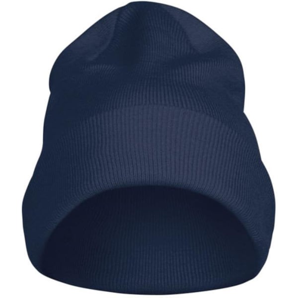 A navy Flexball Beanie with a ribbed texture and a logo, designed for headwear.