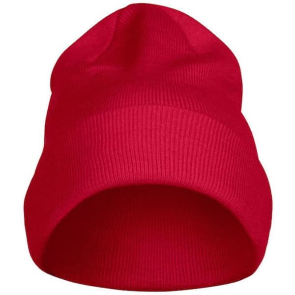 A red beanie with a snug fit and a simple design. It features a logo on the front.