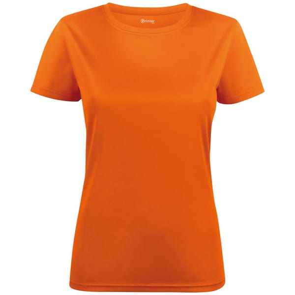 An orange women's active tee with a crew neckline and short sleeves, featuring a logo.