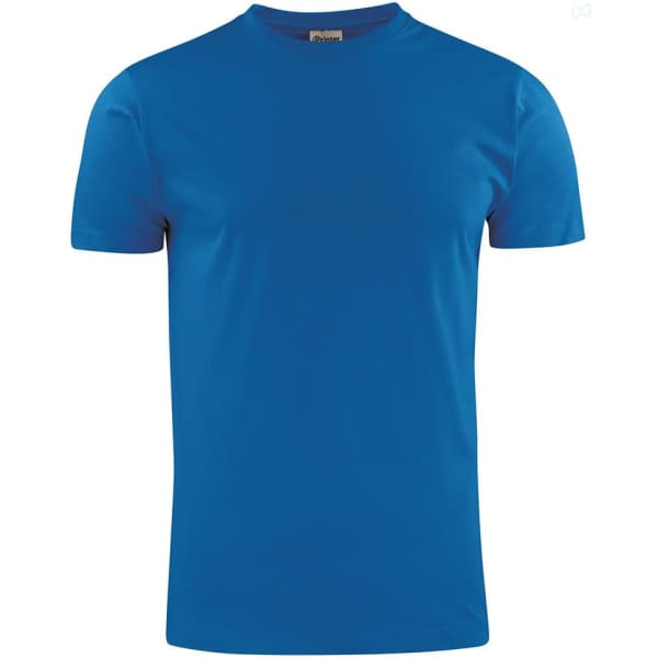 A blue t-shirt with a crew neck and short sleeves, featuring a brand logo.
