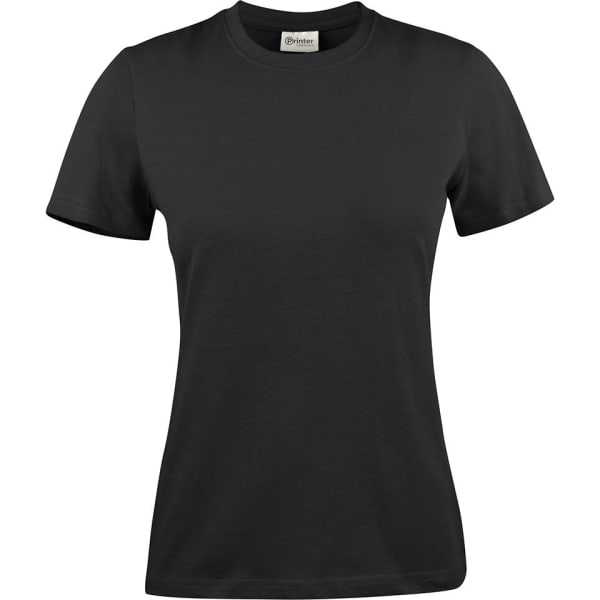 A black women's t-shirt with short sleeves and a round neckline. The shirt has a logo on it.