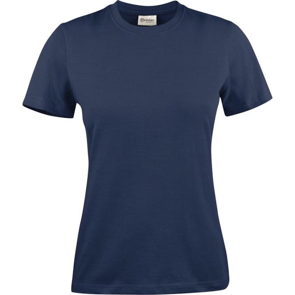 A navy blue women's t-shirt with short sleeves and a fitted design. The shirt has a logo on the label.