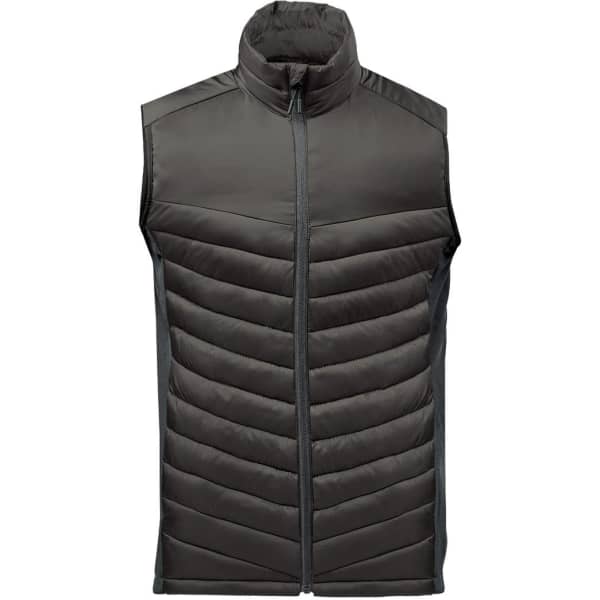 A dark green men's thermal vest, featuring a zip front and padded design with a grey trim.