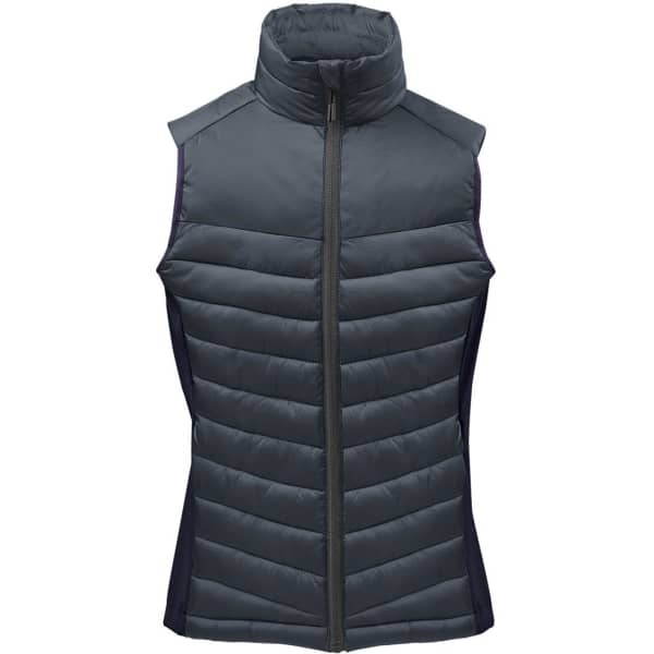 A women's thermal vest in dark green with a high collar and quilted design, featuring side panels and a front zip.