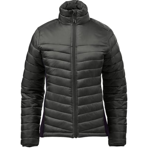 A women's thermal jacket in dark green with a zippered front and a fitted design, featuring a logo.