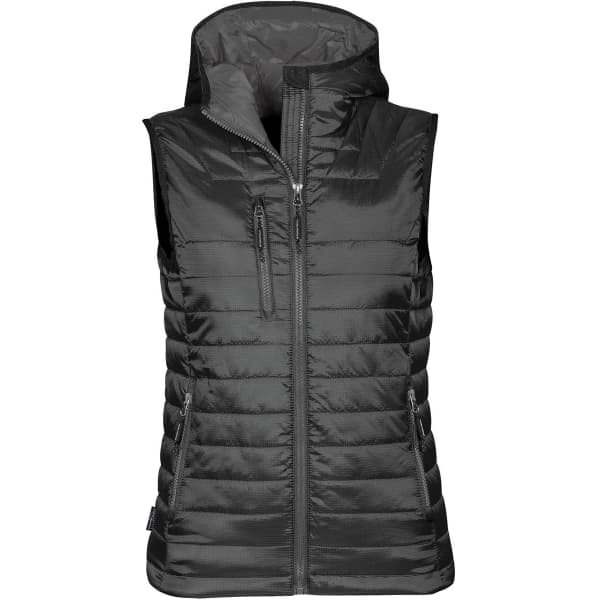 A black women's thermal vest with a hood, featuring zippered pockets and a sleek, padded design.
