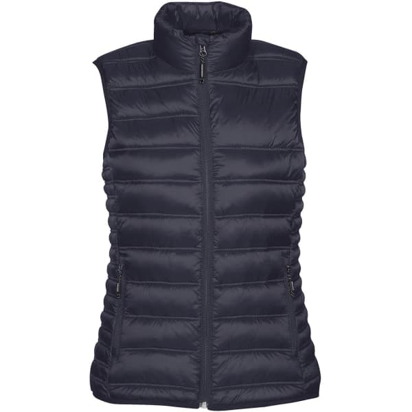 A women's thermal vest in dark navy, featuring a high collar and zippered front, with two side pockets.