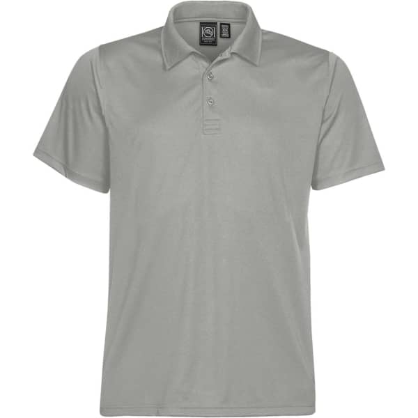 A light grey men's polo shirt with a collar, short sleeves, and a logo on the tag.