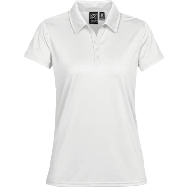 A white women's polo shirt with a classic collar and a logo on the chest.