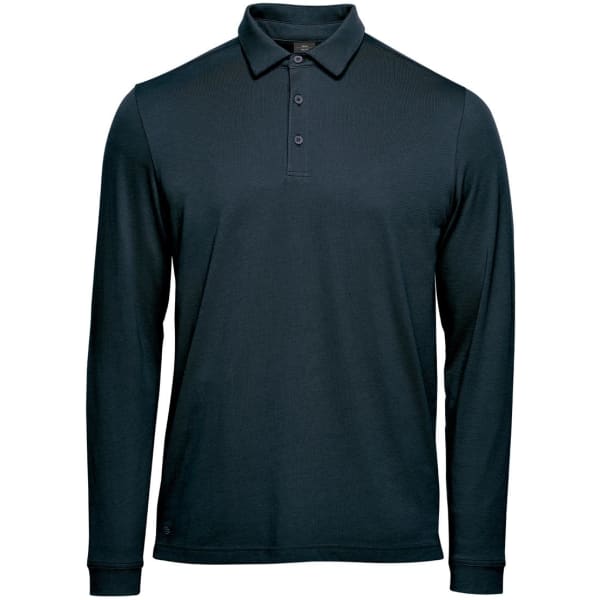 A long-sleeve polo in navy blue featuring a collar and three-button placket, with a logo on the hem.