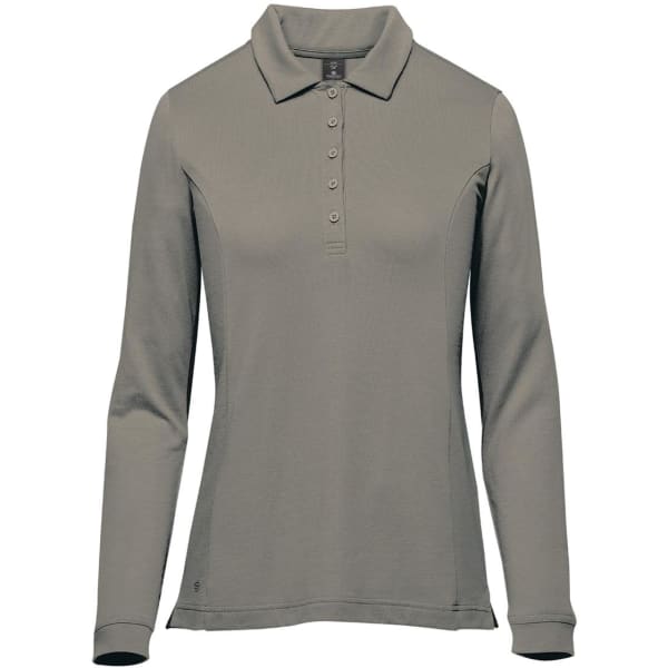 A long-sleeve women's polo in a muted grey tone, featuring a collar and buttons, along with a logo.