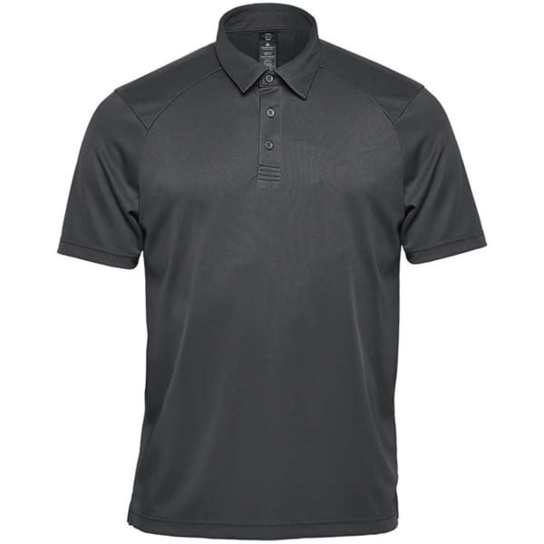 A dark grey men's polo shirt with a collar and a logo on the chest.