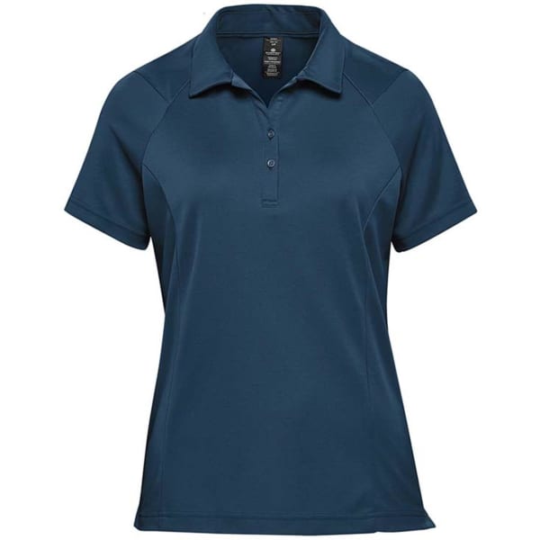 A women's polo shirt in dark blue, featuring a short collar and a logo on the chest.