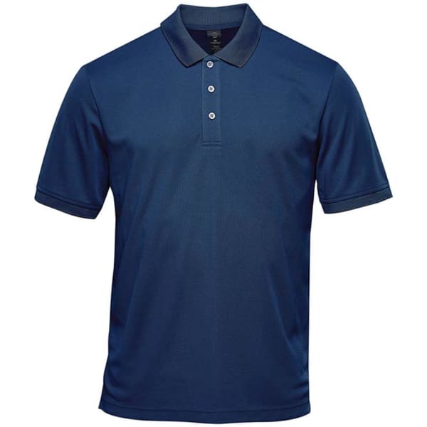 A navy blue short-sleeve polo shirt with a collar and three buttons, featuring a logo on the chest.