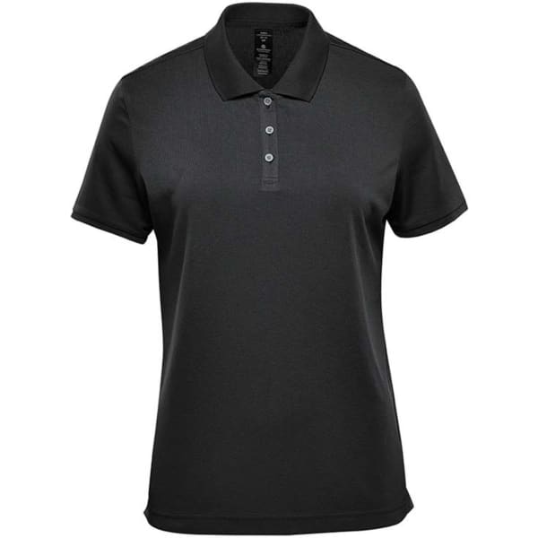 A black women's sports polo shirt with a collar and buttons, featuring a logo on the front.