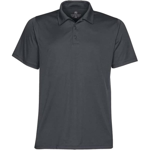 A dark grey men's polo shirt with a classic collar and three-button placket. It features a branding logo.