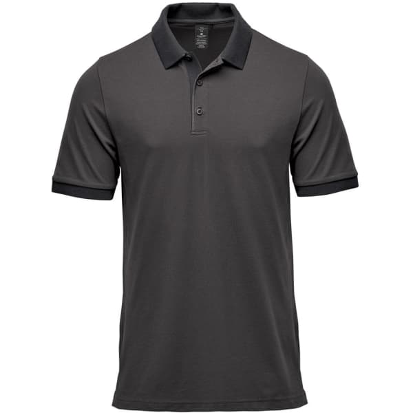 A men's polo shirt in dark grey with a contrasting black collar and sleeve hems. It features a small logo.