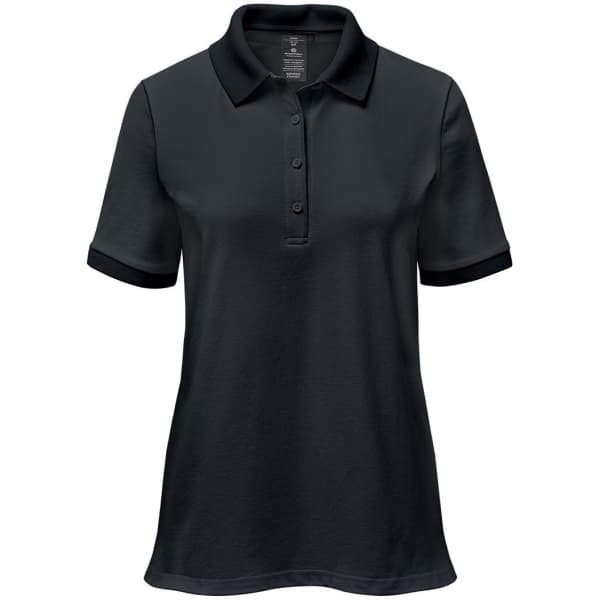 A dark green women's polo shirt with a collar, short sleeves, and a logo on the chest.