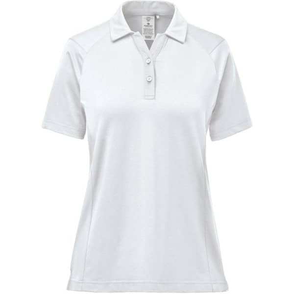 A women's polo shirt in soft white, featuring a collar and a placket with buttons. The shirt has a logo on it.