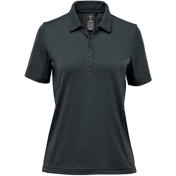 A dark green women's polo shirt with a classic collar and button front. It features a logo on the chest.