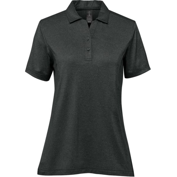 A women's short-sleeve polo in dark grey, featuring a classic collar and three buttons, with a logo on the chest.