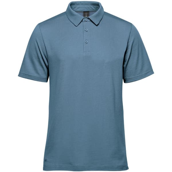A short-sleeved polo shirt in a light blue shade, featuring a collar and three buttons. Includes a small logo.