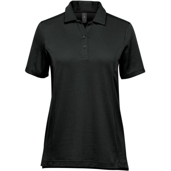 A black women's polo shirt with a collar and three buttons, featuring a logo on the chest.