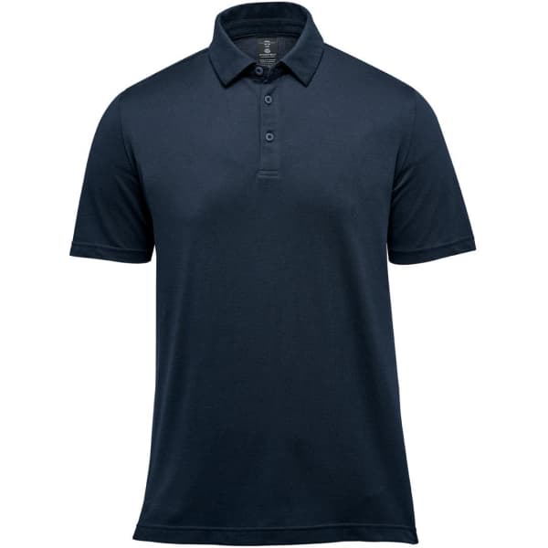 A navy blue men's polo shirt with a collared neck and short sleeves, featuring a logo.