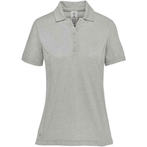 A women's polo shirt in light grey with a collar, short sleeves, and a logo on the side.