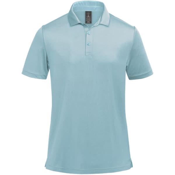 A light blue men's polo shirt with a collar and three-button placket, featuring a logo on the chest.