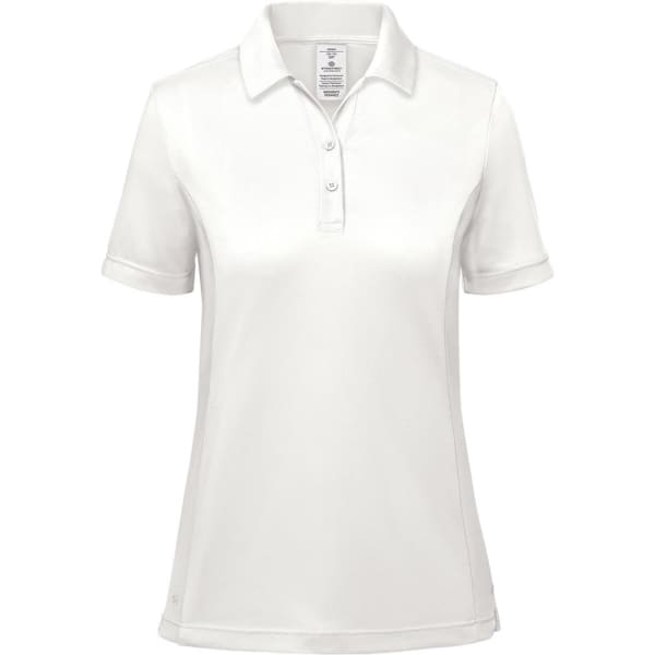 A white women's polo shirt with a collar and short sleeves, featuring a branded logo.