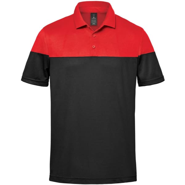 A two-tone polo shirt featuring a red upper section and black lower section. The shirt has a collar and branding.