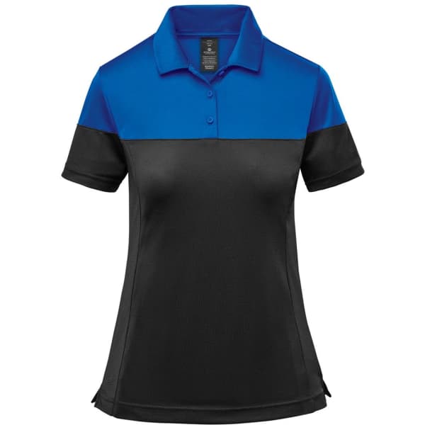 A women's two-tone polo shirt featuring a blue upper section and a black lower section. The shirt has a collar and buttons.