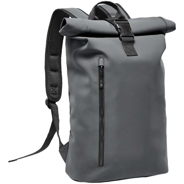 A grey roll-top backpack featuring a front zip pocket and adjustable straps. It has a logo on the design.
