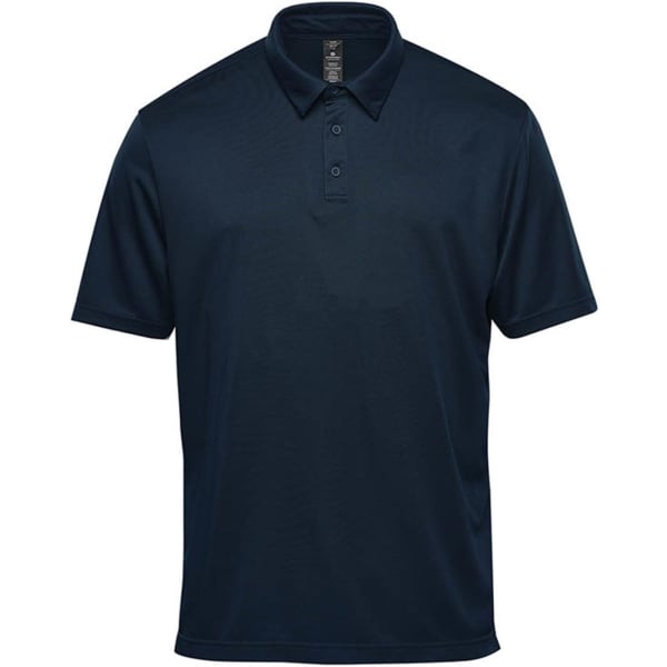 A navy blue men's short sleeve polo shirt with a collar and a logo on the chest.