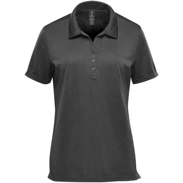 A women's short sleeve polo shirt in dark green with a collar and button placket, featuring a logo.