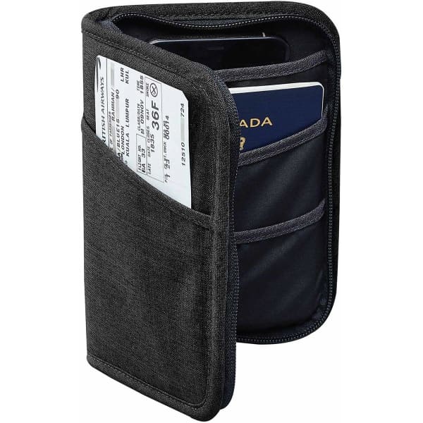 A black RFID passport wallet featuring multiple card slots and a pocket for a passport and travel documents.
