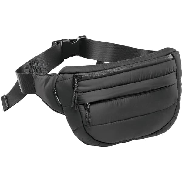 A black quilted waist bag with two zippered pockets and an adjustable strap. It has a sleek, padded design.