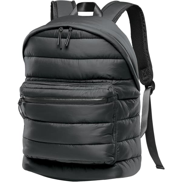 A quilted backpack in dark green with padded compartments and adjustable straps, featuring a front zip pocket and a logo.