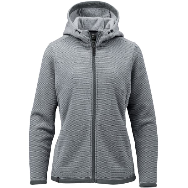 A women's grey fleece hoody with a zip front, hood, and long sleeves, featuring a branding logo.