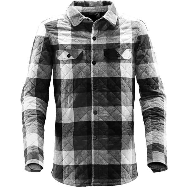 A black and white plaid shacket with a quilted pattern, featuring a button front and two chest pockets.