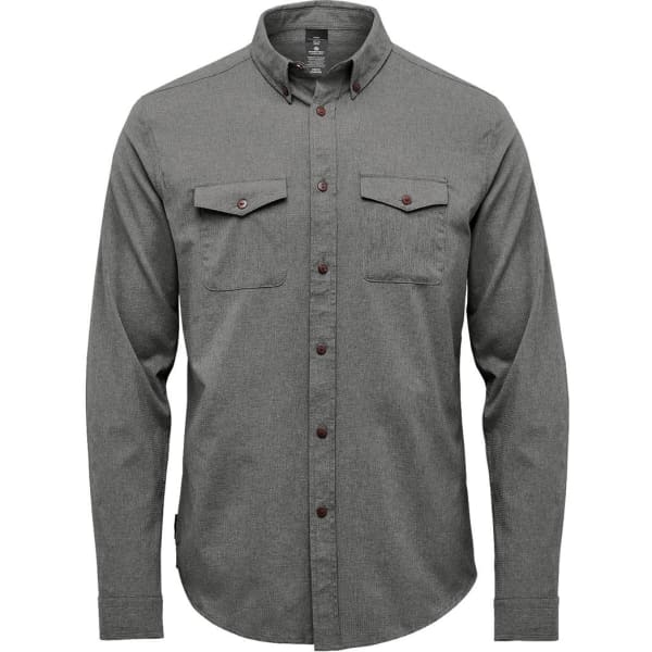 A green long-sleeve men's shirt with buttoned chest pockets and a collar, featuring a logo.